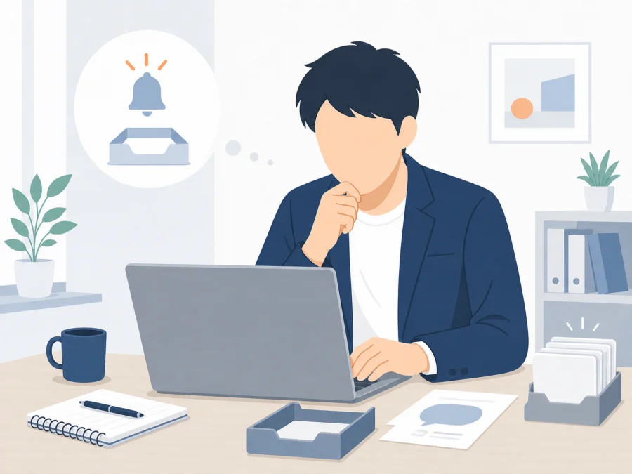 問い合わせが来ず悩む人のイラスト
