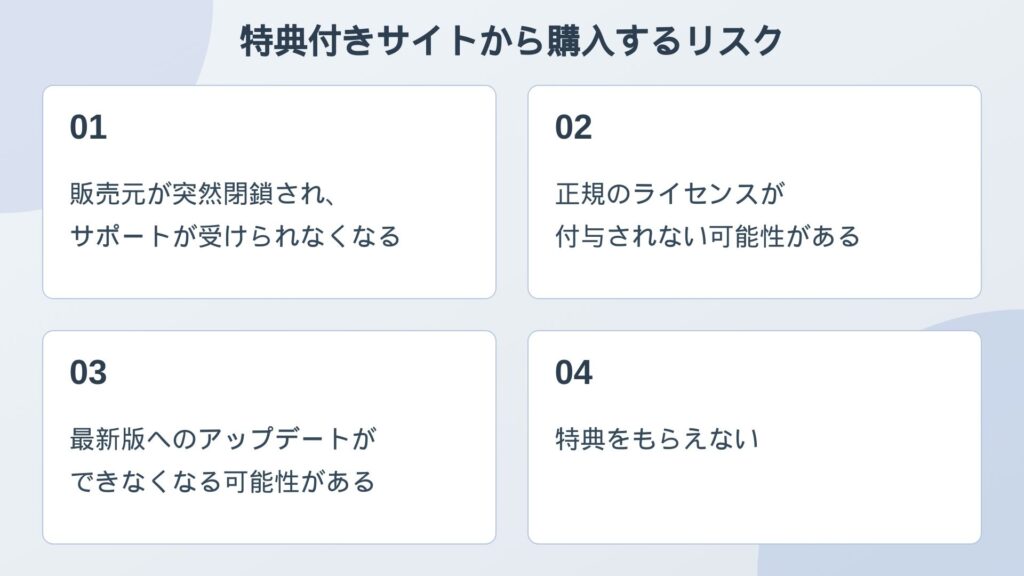 販売元が突然閉鎖され、サポートが受けられなくなる

正規のライセンスが付与されない可能性がある

最新版へのアップデートができなくなるかもしれない

特典をもらえない