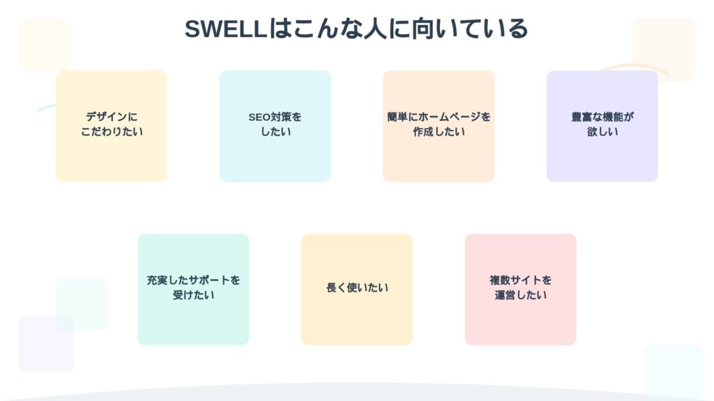 SWELLはこんな人に向いている
デザインにこだわりたい

SEO対策をしたい

簡単にホームページを作成したい

豊富な機能が欲しい

充実したサポートを受けたい

長く使いたい

複数サイトを運営したい